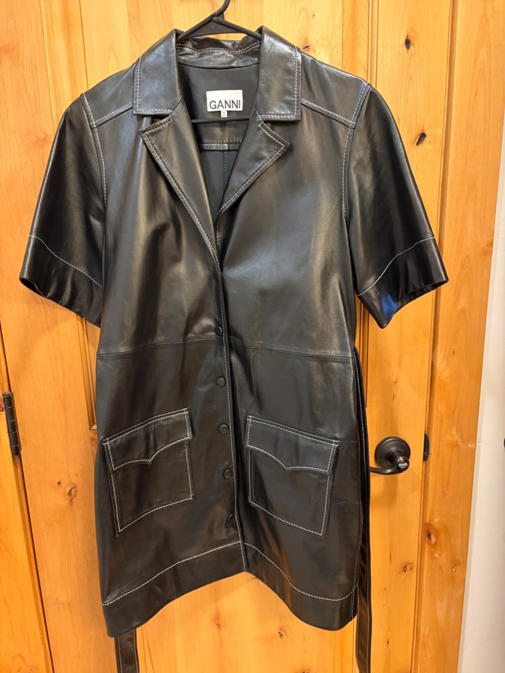 Ganni Black Short-Sleeve Leather Jacket Dress